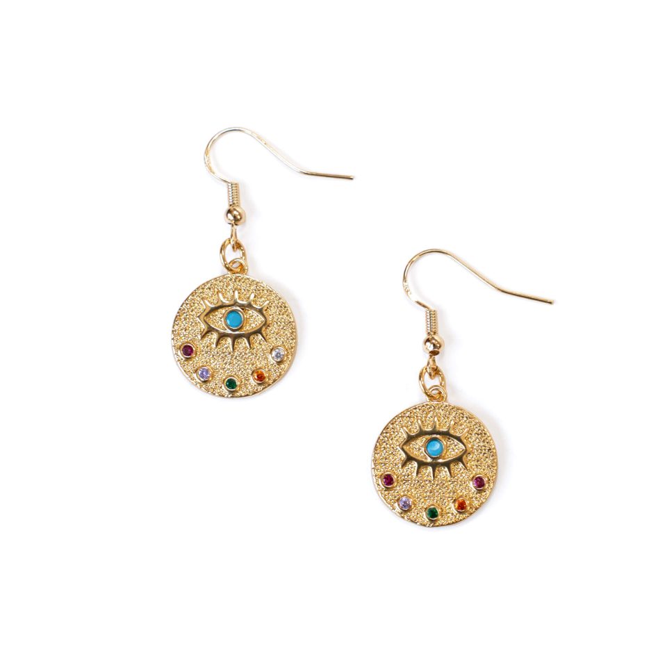 18K Gold Evil Eye with gems Earrings by Dusty Nomad