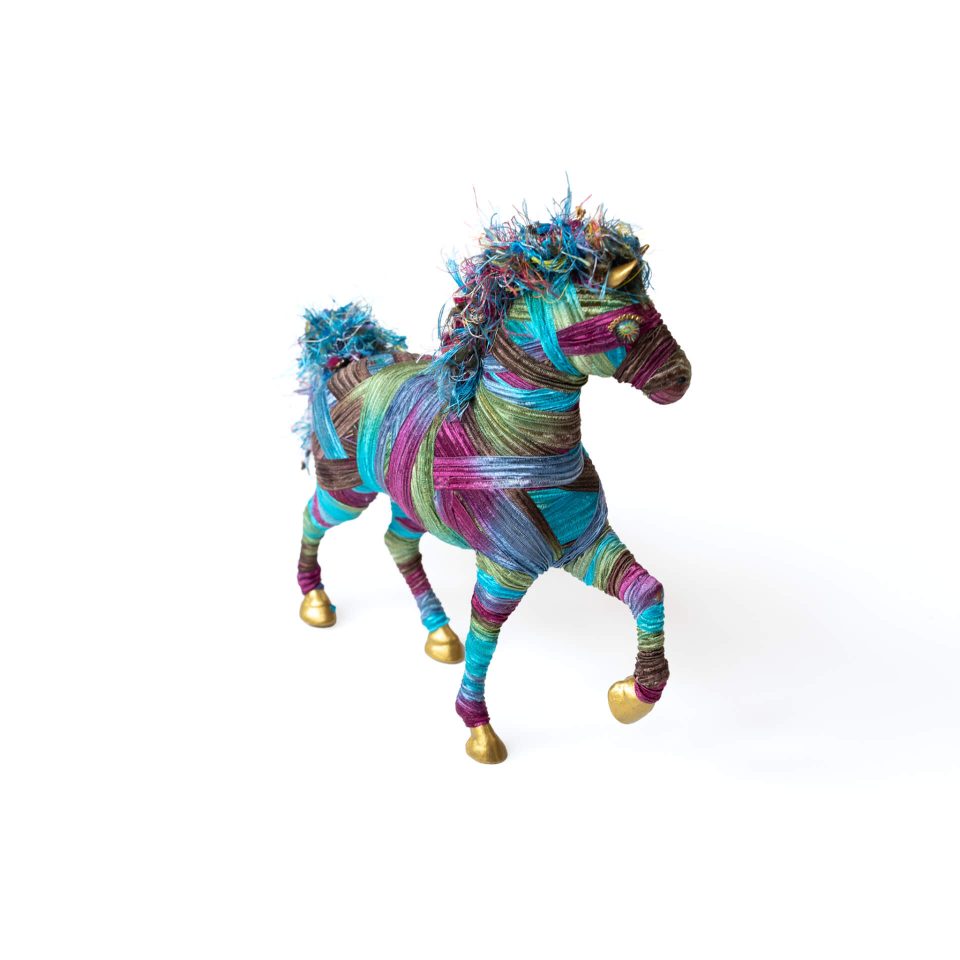 Blue and Purple Ribbon Yarn wrapped Horse Sculpture view 2 Jan Cooper