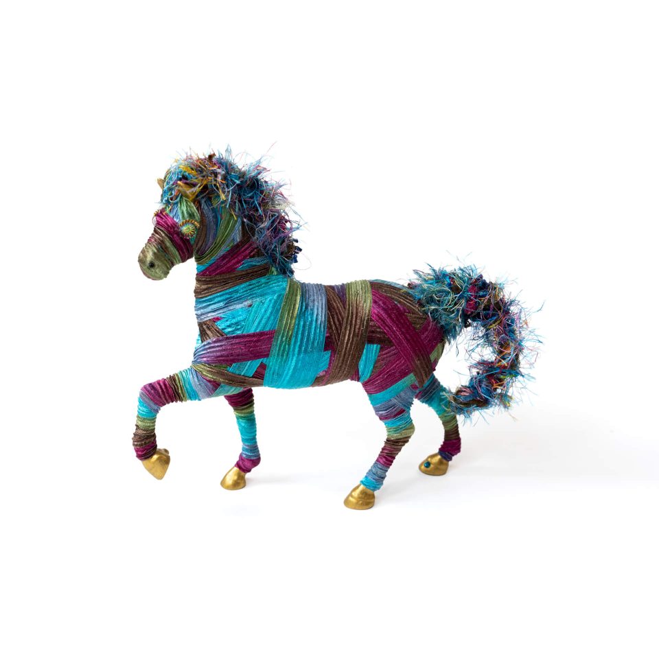 Blue and Purple Ribbon Yarn wrapped Horse Sculpture by Jan Cooper