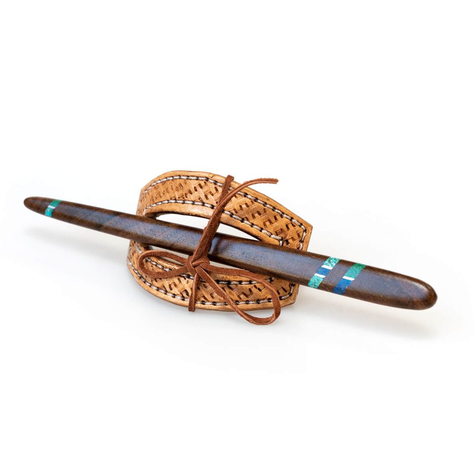 Brown basket weave with wood and turquoise stick barrette side view by Greg Wiley Leather