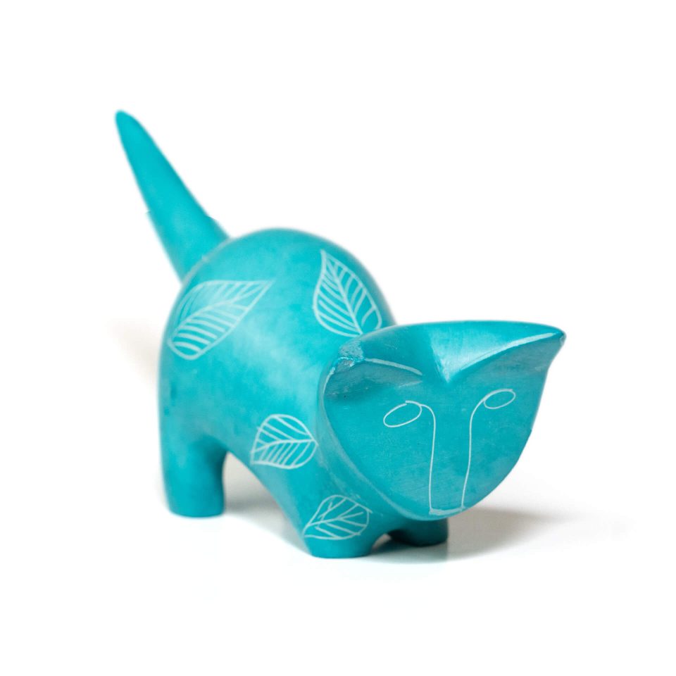 Carved soapstone cat statue in teal side view by Venture imports