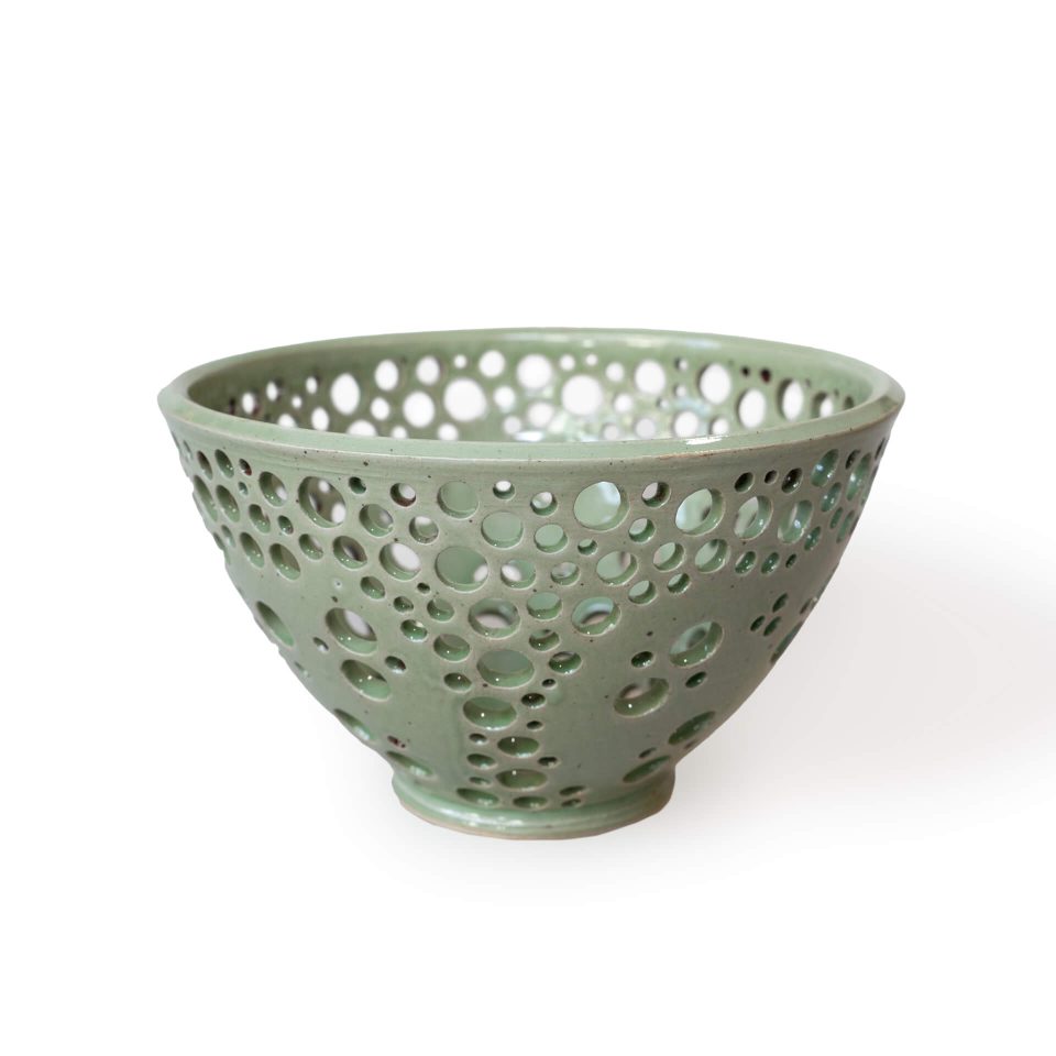 Ceramic colander in mint green color by Mike Farabee