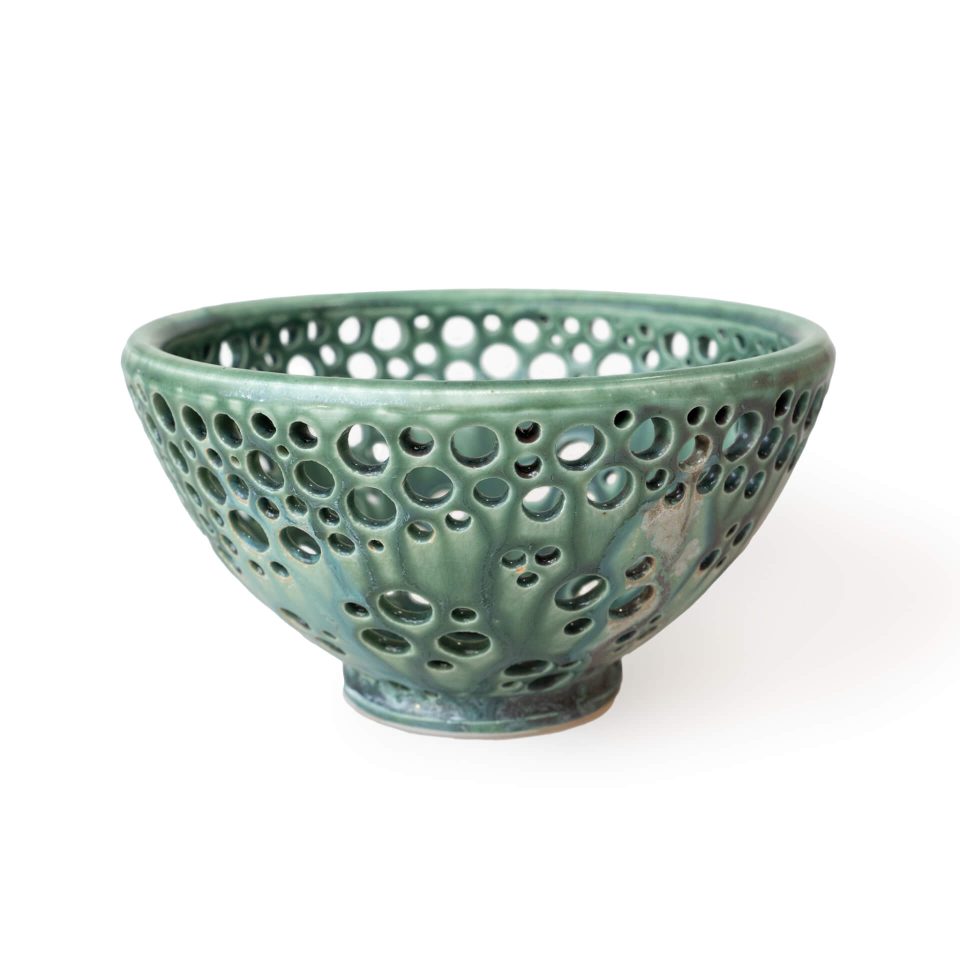 Ceramic colander in teal green by Mike Farabee