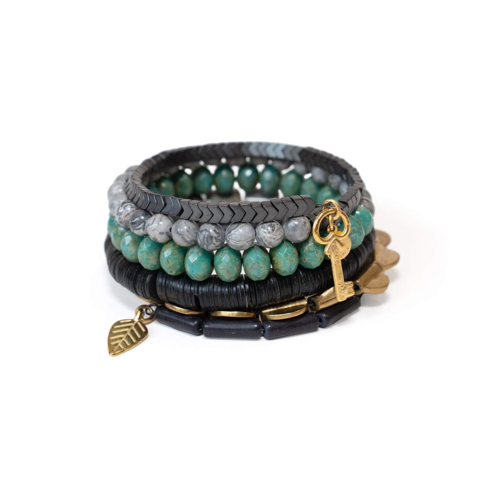 Green and Grey Stone Brass and Hematite Wrap Bracelet by David Aubrey