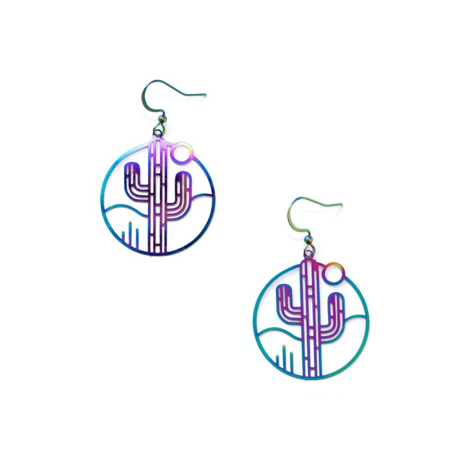 Metallic saguaro scene earrings anodized by gilded sun