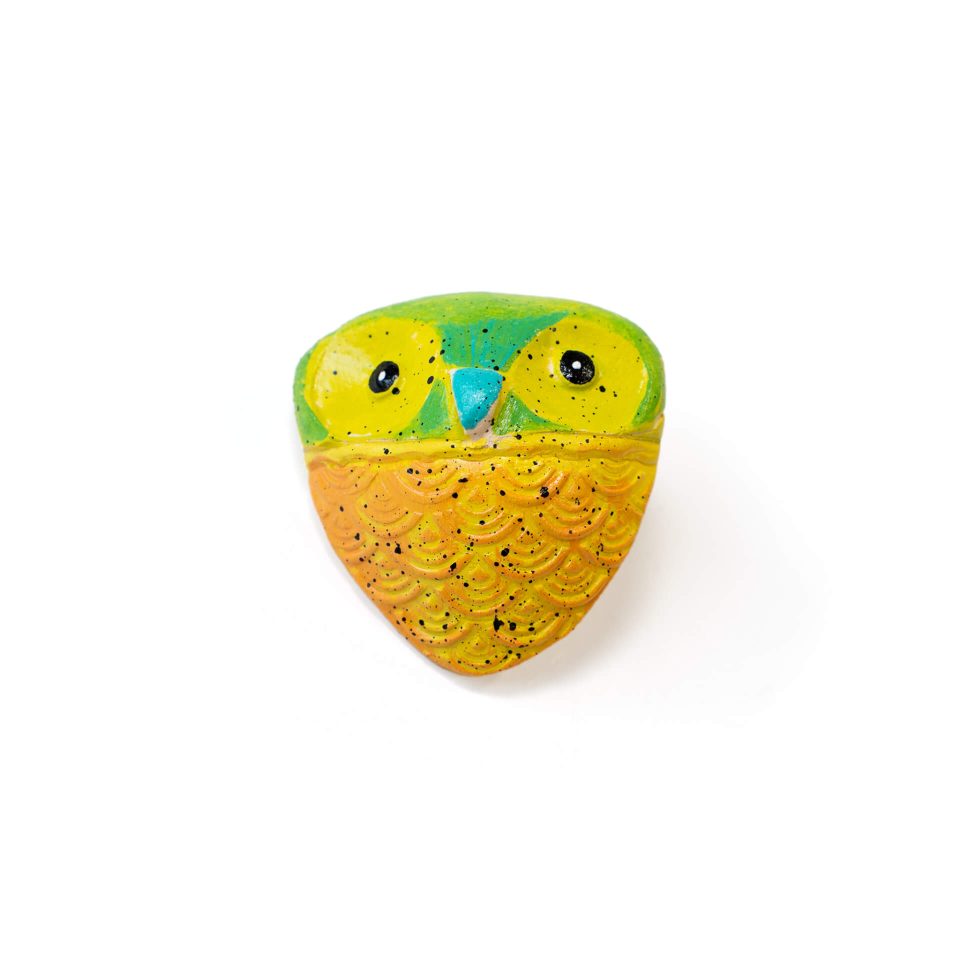 Owl clay pin in yellow by Jennifer Gross