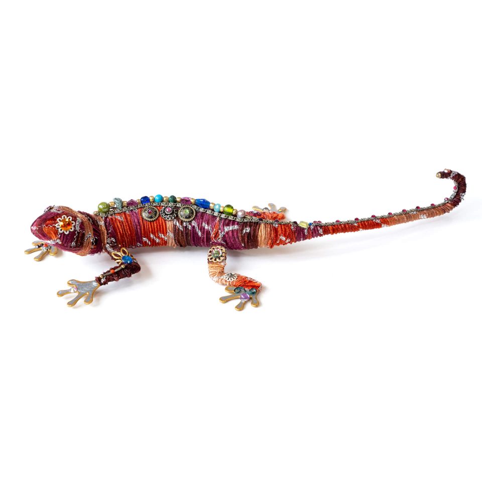 Sunset Colors Ribbon Yarn wrapped Lizard Sculpture with Gems view 2 Jan Cooper