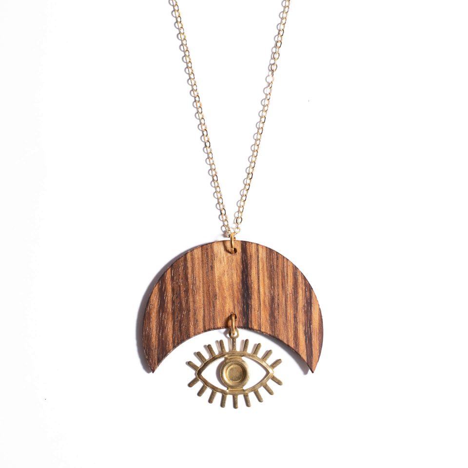 Wood crescent and eye charm necklace Redheart jewelry